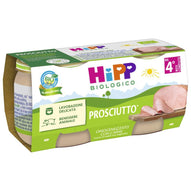 Four jars of HiPP organic baby food with prosciutto, suitable for babies 4+ months, are displayed against a green and white background. 
