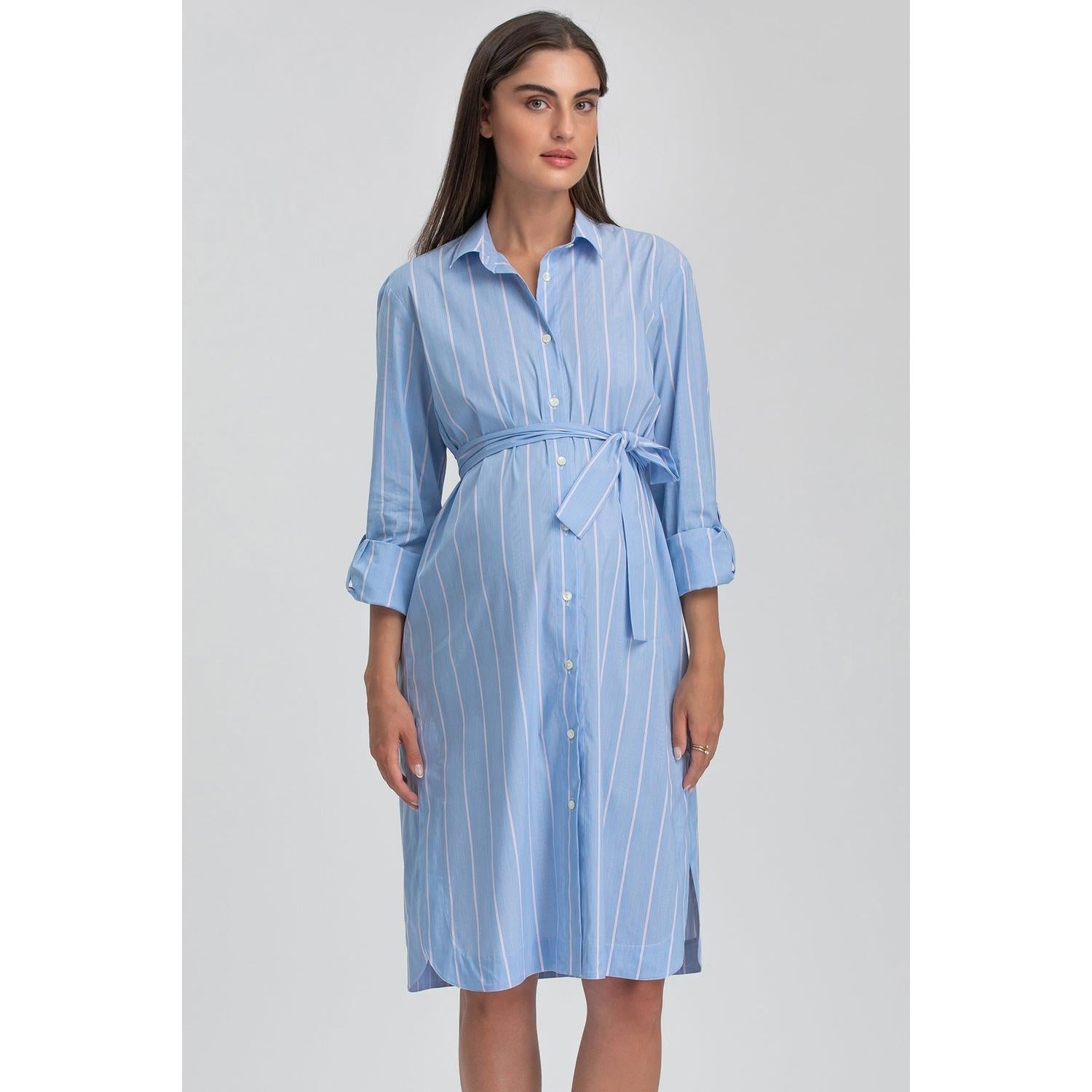 BIANCA - Abito Camicia Premaman e Allattamento in Cotone a Righe