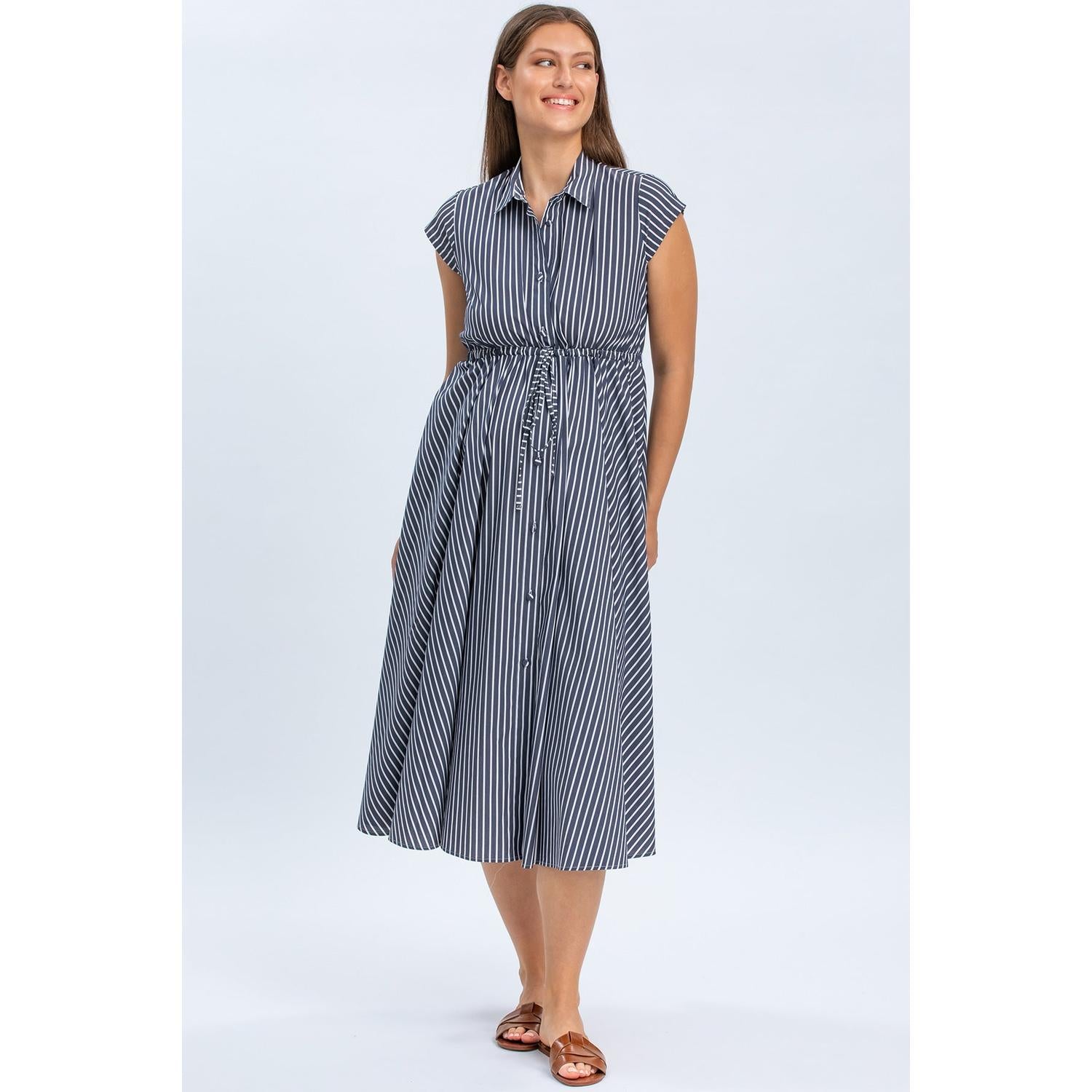 CELESTE - Abito Chemisier Premaman e Allattamento in Cotone Blu Scuro con Righe Bianche