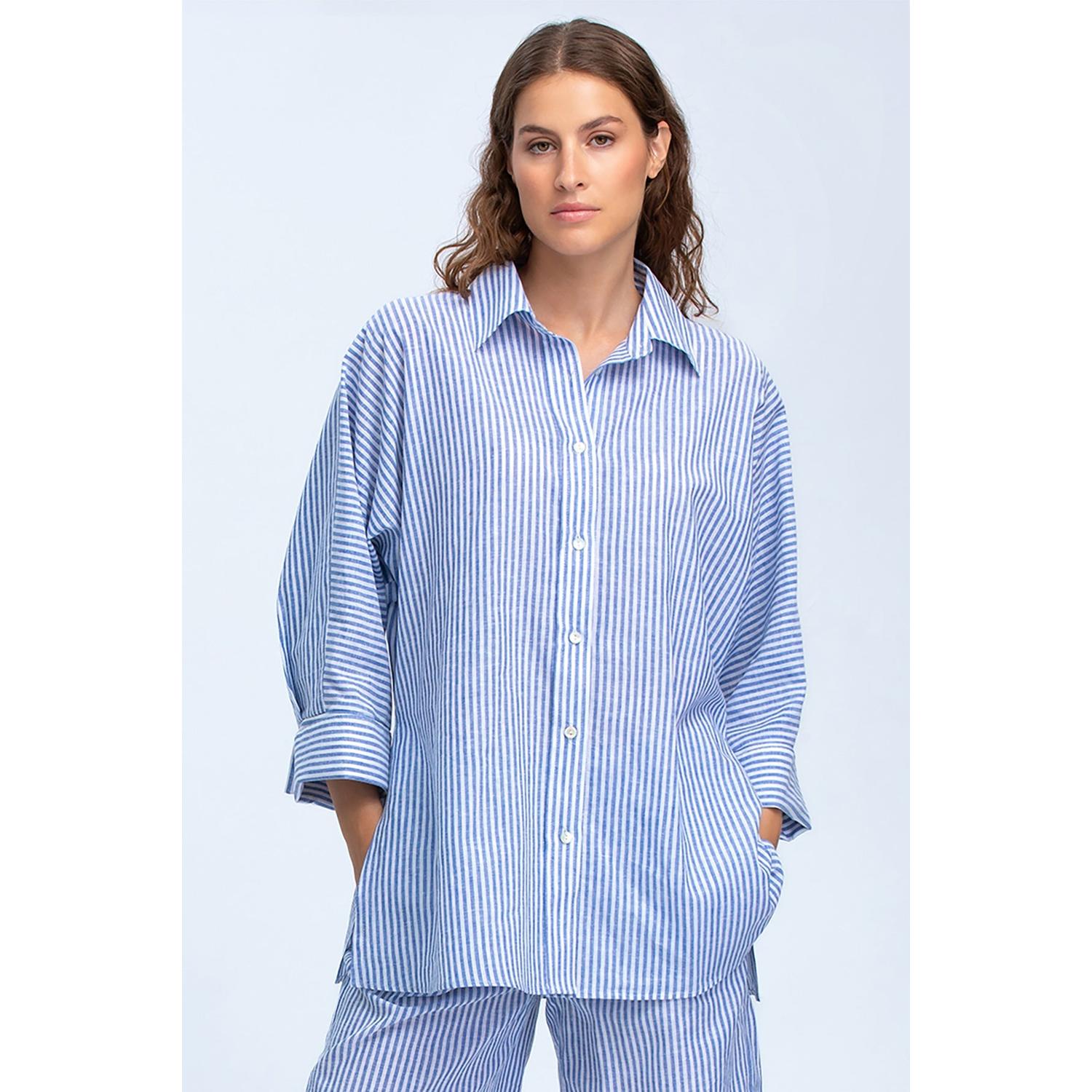 LIPARI - Camicia Oversize in Lino a Righe Blu