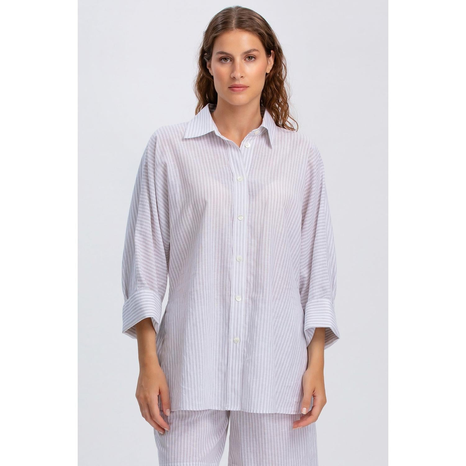 LIPARI - Camicia Oversize in Lino a Righe Grige