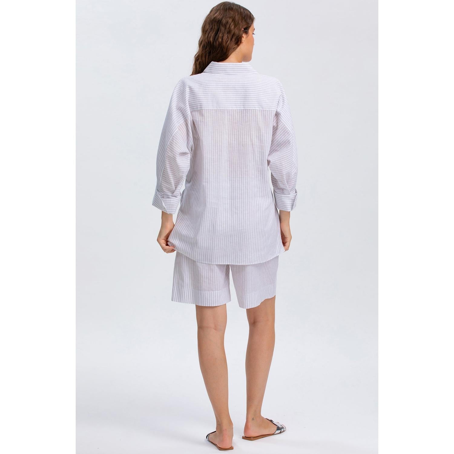 LIPARI - Camicia Oversize in Lino a Righe Grige