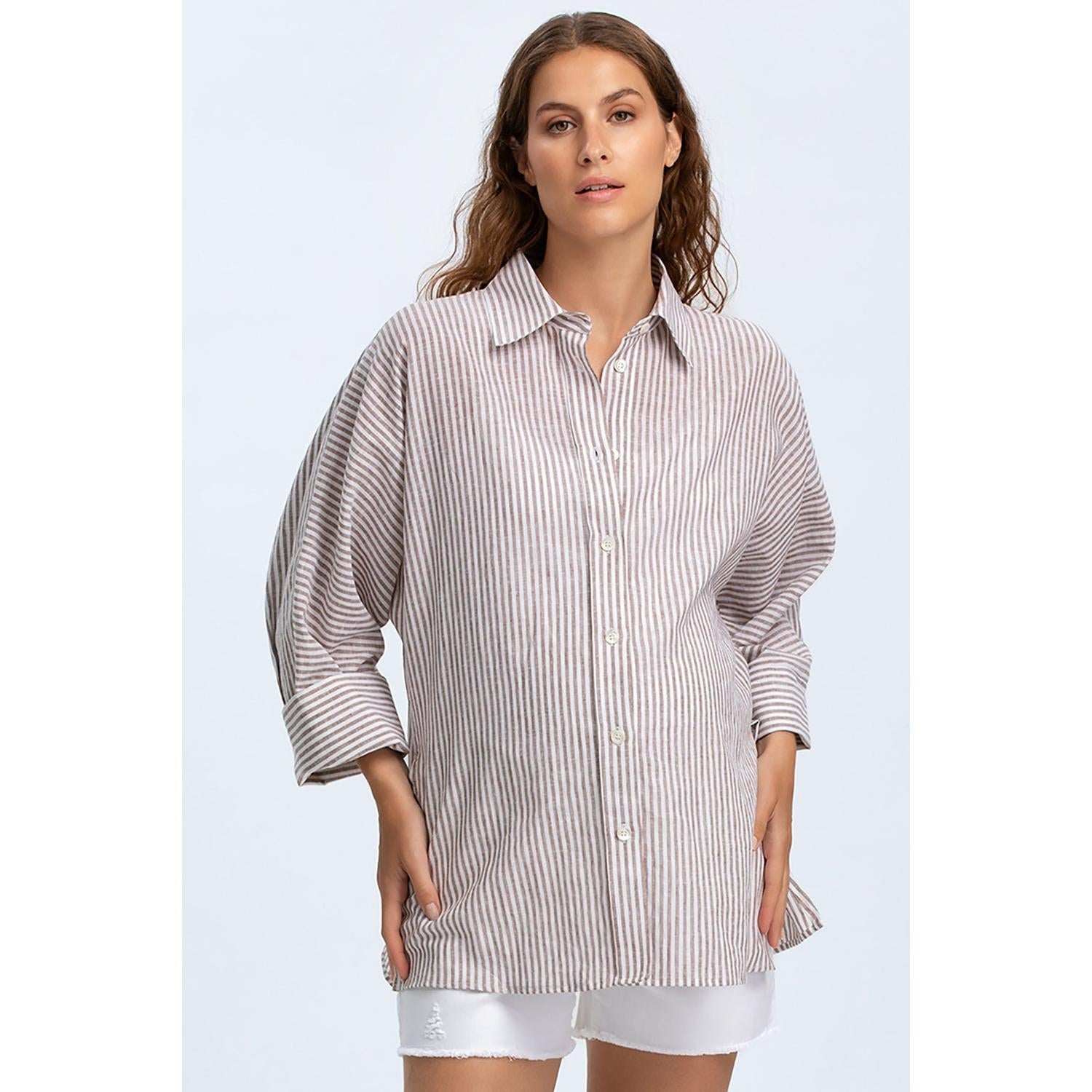 LIPARI - Camicia Premaman Oversize in Lino a Righe Marroni