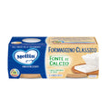 A pack of Mellin brand "Formaggio Classico," a homogenized classic cheese for babies, sits on a white background. The package features images of the cheese and highlights it as a source of calcium. 

