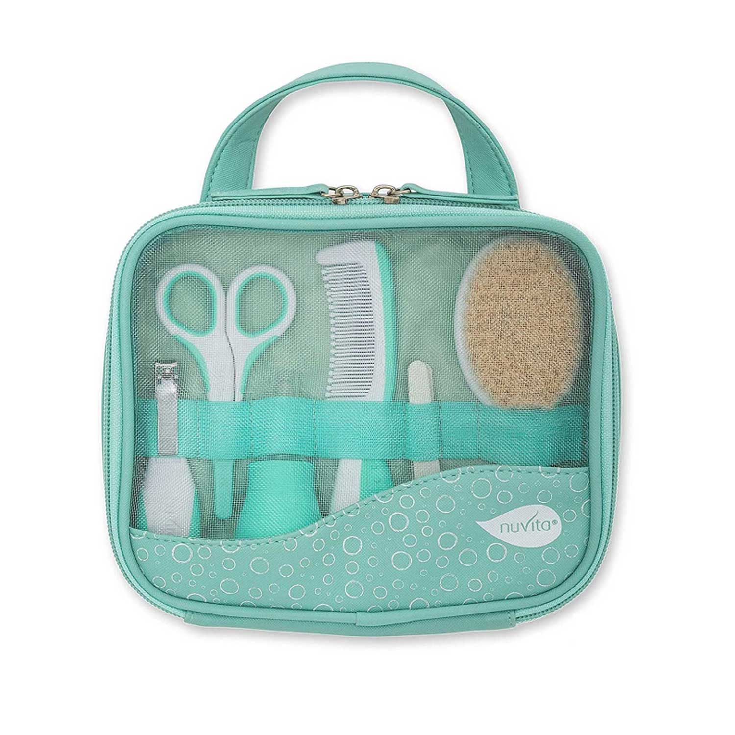 Mint green Nuvita baby grooming kit displays nail clippers, comb, brush, and other tools inside a zippered travel case. 
