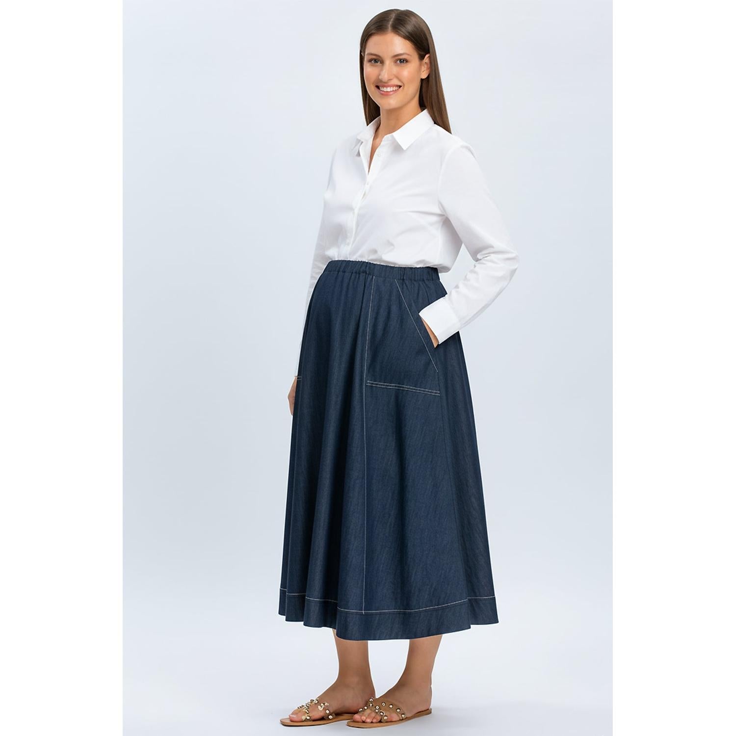 ORTHENSIA - Gonna Premaman Midi con Tasche Colore Blu Denim