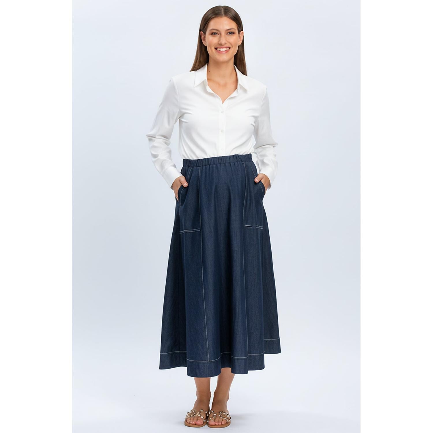 ORTHENSIA - Gonna Premaman Midi con Tasche Colore Blu Denim