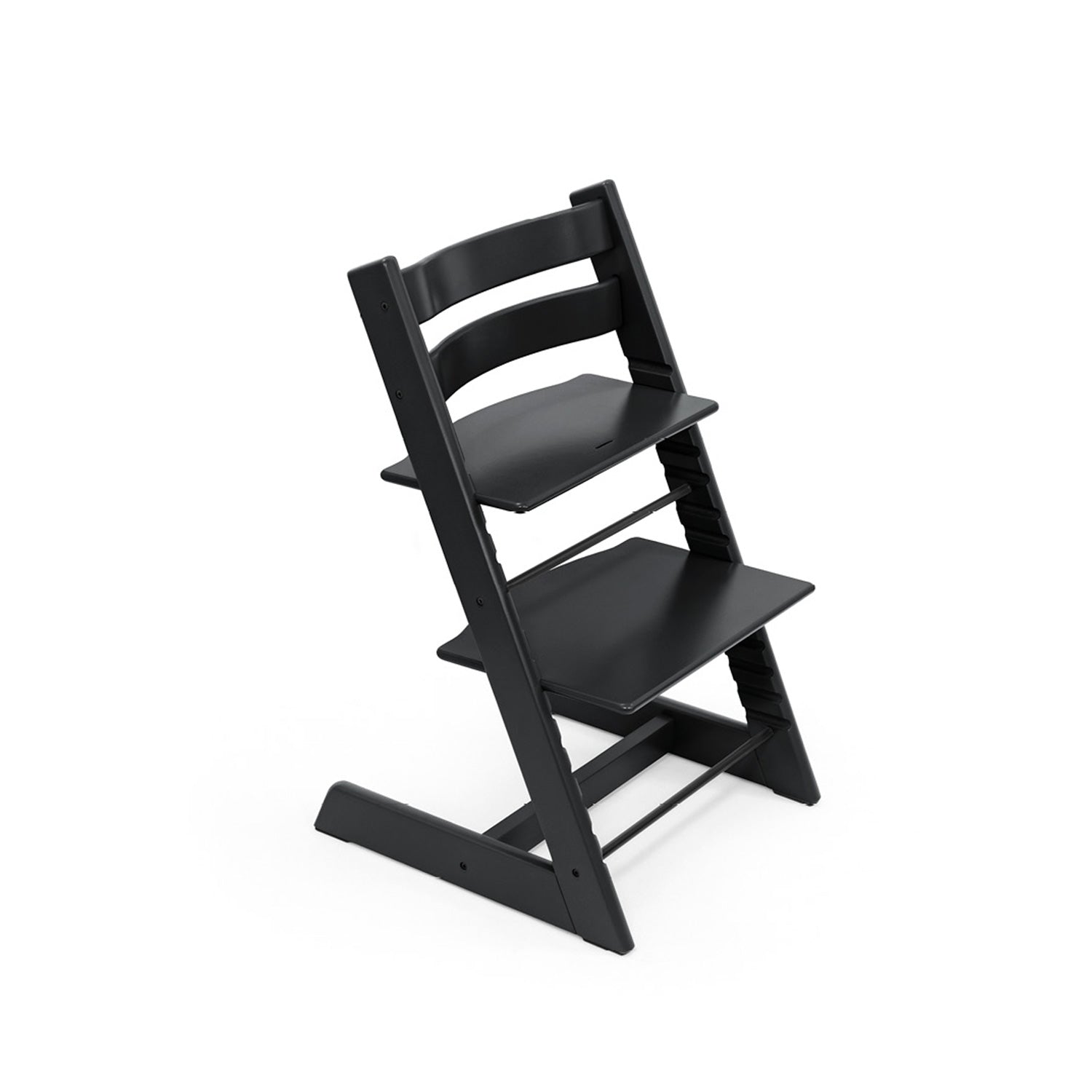 Black wooden high chair with adjustable seat and footrest. 

