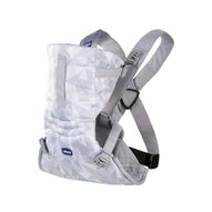 Chicco baby carrier in a modern geometric gray and white pattern. 
