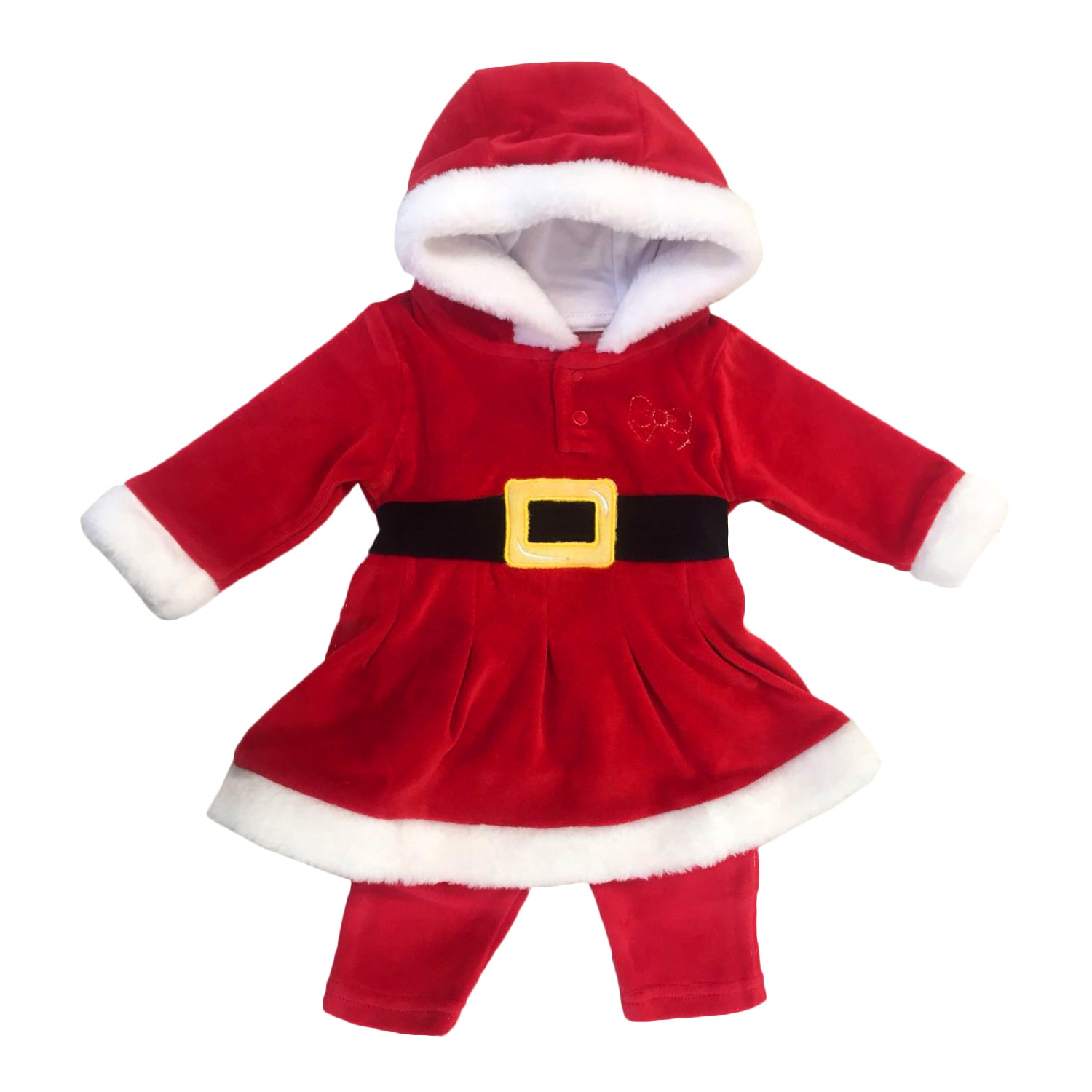 Red velvet Santa Claus costume for babies with white faux fur trim and a black belt detail. 
