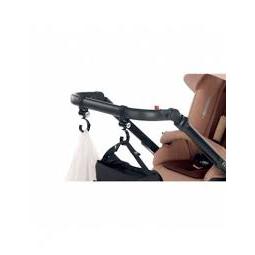 Sturdy stroller hooks hold shopping bag and diaper bag on a brown and black stroller handlebar. 
