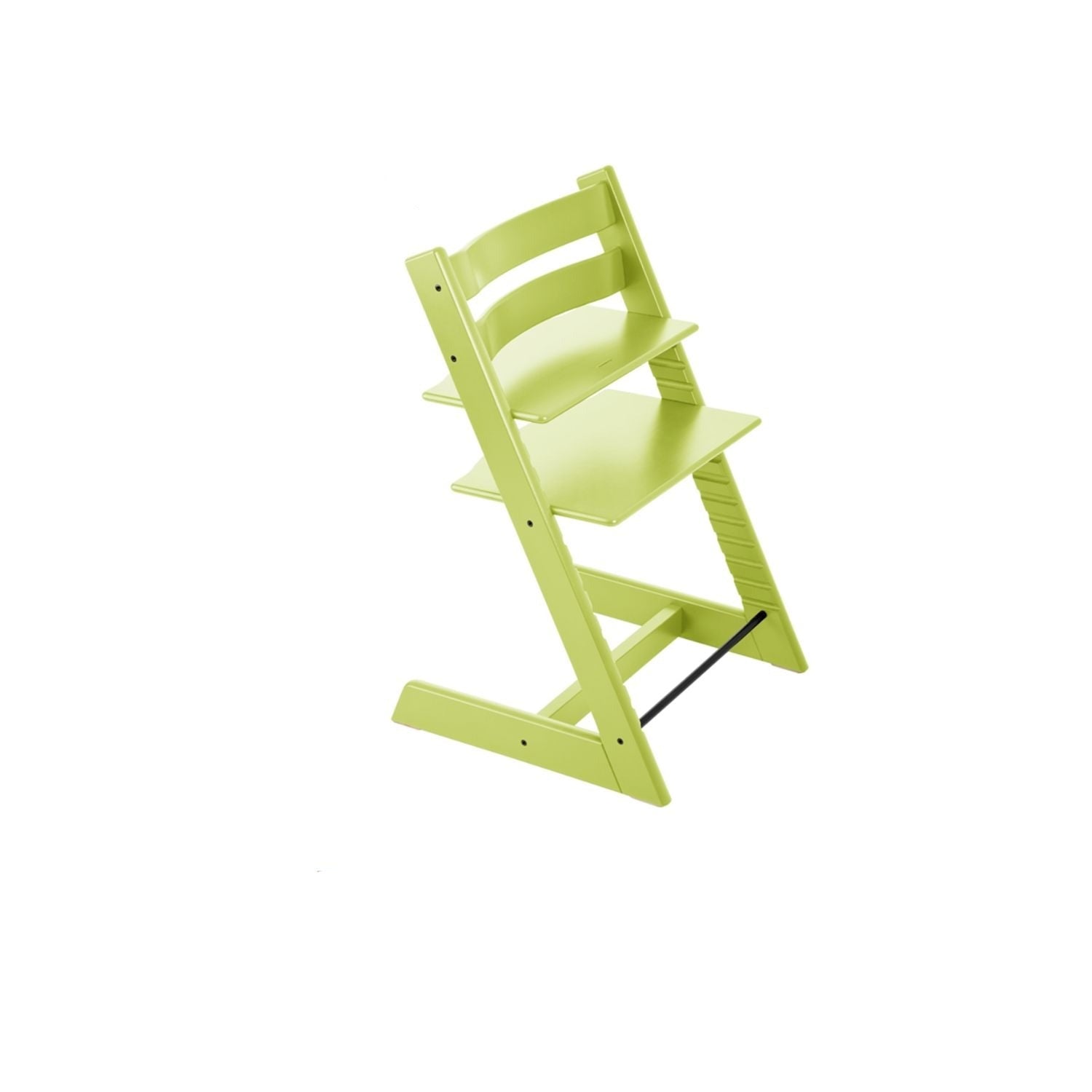 Lime green adjustable wooden high chair, shown from an angle on a white background. 
