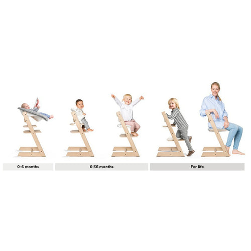 Children and adult demonstrate adjustable wooden high chair use from newborn to adult. 
